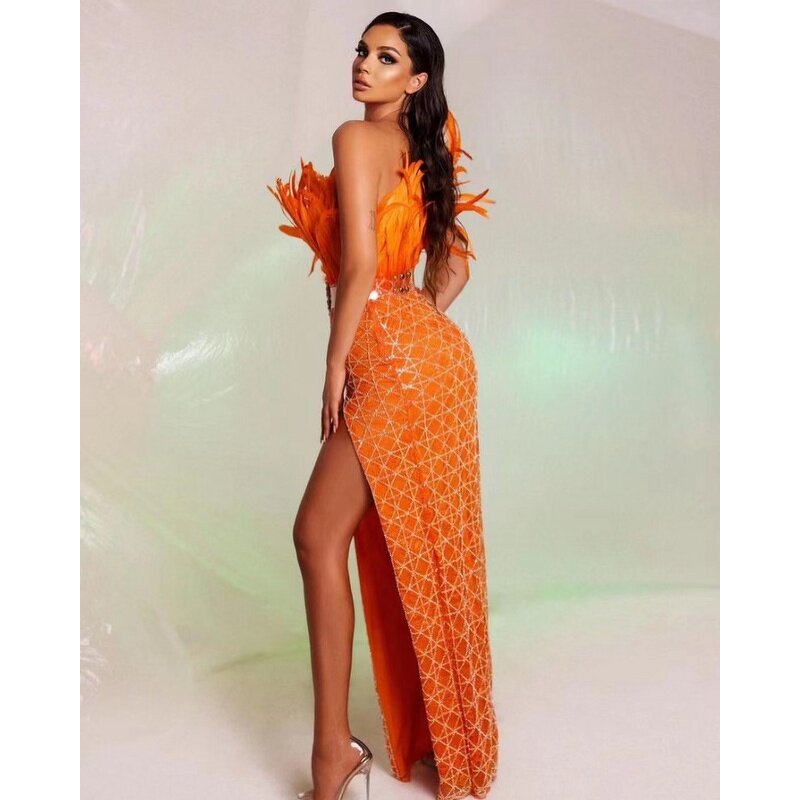 New Arrivals Dress Manufacturer - OEM/ODM NOVANCE 2023 Elegant Feather Unique Orange Bling Sequins