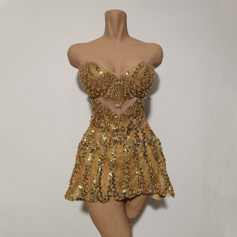 Backless Club Dress Manufacturer - OEM/ODM Novance Y10 Sexy Golden Rhinestones Sequins Dance Costume