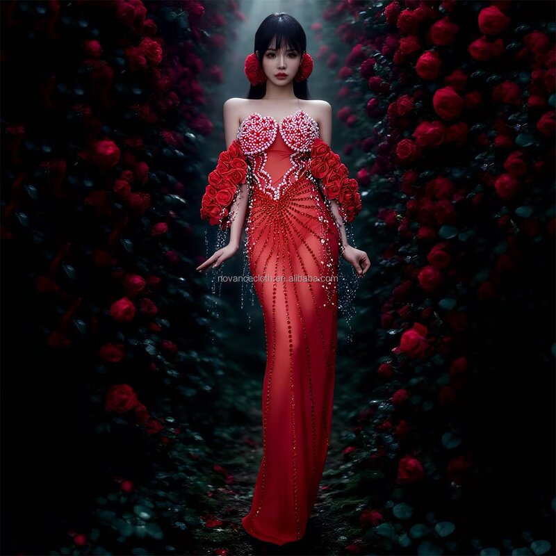 Red Evening Dress Manufacturer - OEM/ODM Novance Y5397 Off Shoulder Rhinestones Luxury Pearls Vestidos