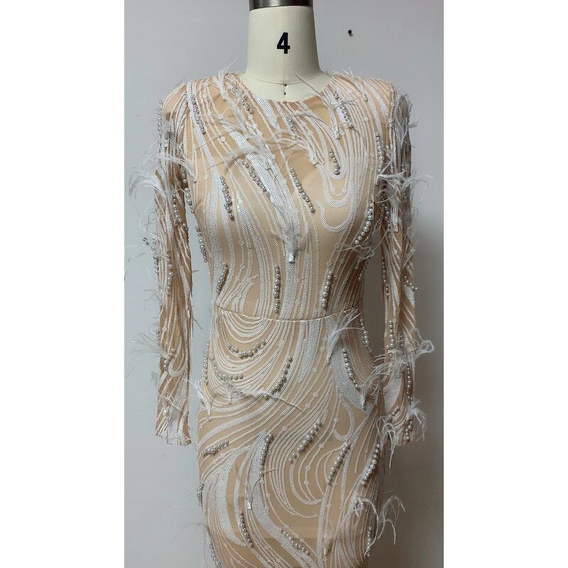 Boutique Wholesale Factory - OEM/ODM NOVANCE Elegant Feather Bling Pearls White Wedding Dress Maxi