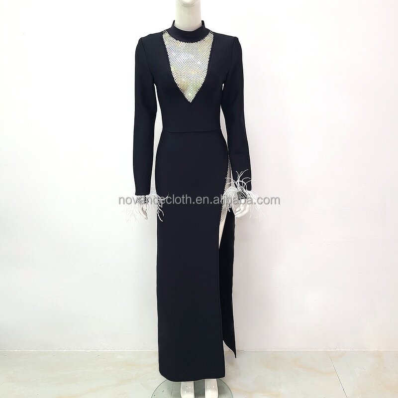 Custom Logo Clothing Manufacturer - OEM/ODM Novance B3263 Shiny Rhinestone Dresses White Feather Slit