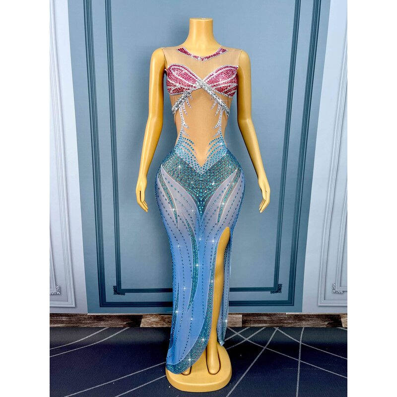 Trending Clothes Manufacturer - OEM/ODM Novance Y5353 Sparkly Rhinestones Blue Evening Gown Side Slit