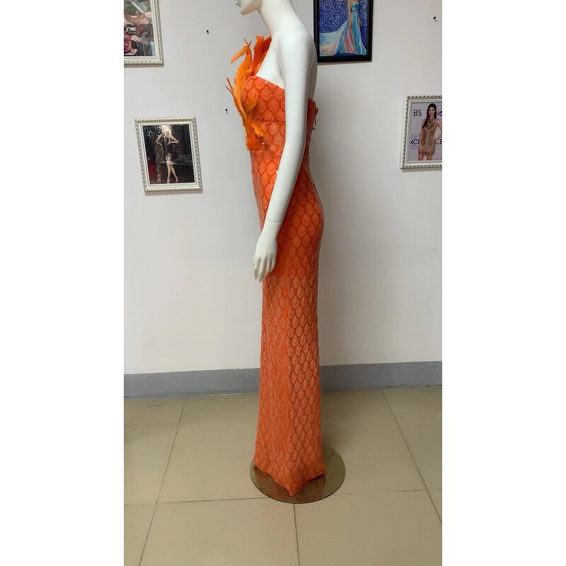 New Arrivals Dress Manufacturer - OEM/ODM NOVANCE 2023 Elegant Feather Unique Orange Bling Sequins