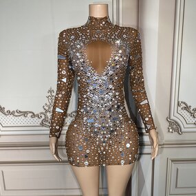 Sheer Dress Factory - OEM/ODM NOVANCE Shiny Diamonds Mirror Sequins Short Brown