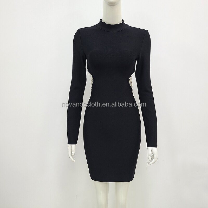 Black Show Waist Dress Manufacturer - OEM/ODM Novance B3199 Formal Elegant Shiny Rhinestone Fringed