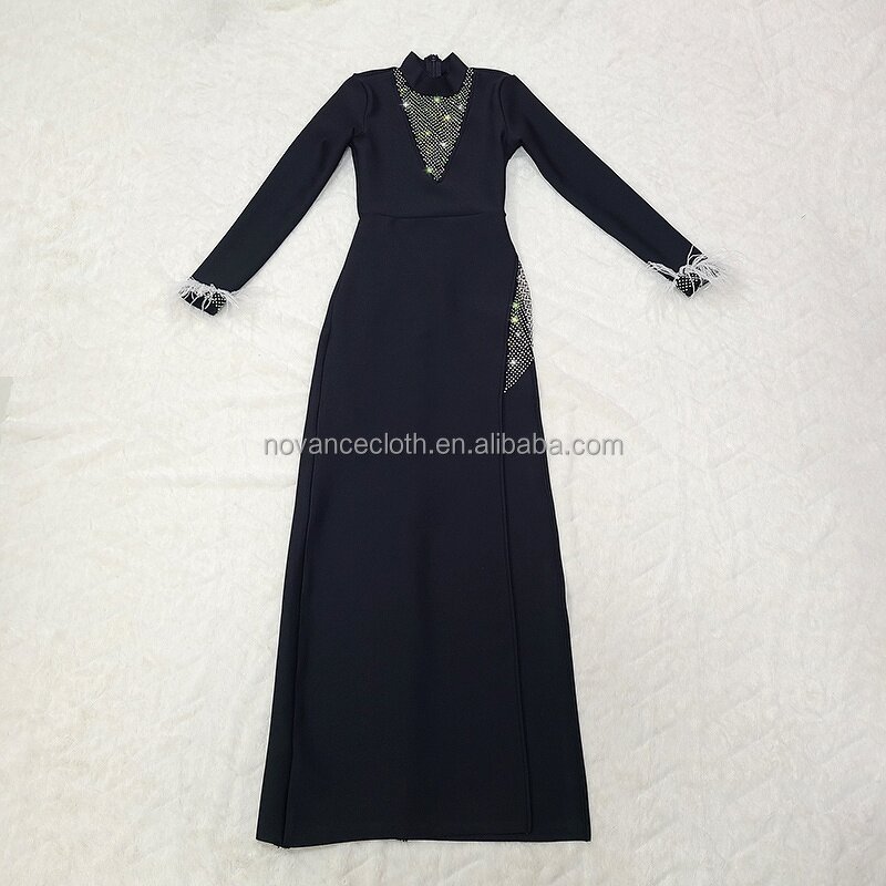 Custom Logo Clothing Manufacturer - OEM/ODM Novance B3263 Shiny Rhinestone Dresses White Feather Slit