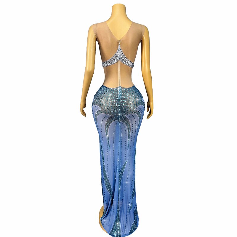 Trending Clothes Manufacturer - OEM/ODM Novance Y5353 Sparkly Rhinestones Blue Evening Gown Side Slit