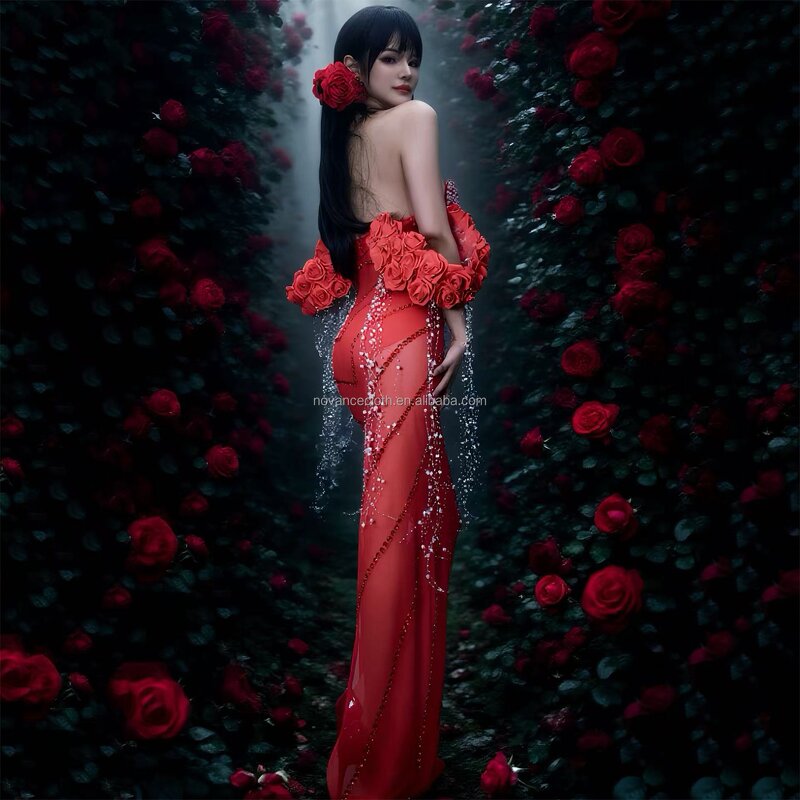 Red Evening Dress Manufacturer - OEM/ODM Novance Y5397 Off Shoulder Rhinestones Luxury Pearls Vestidos