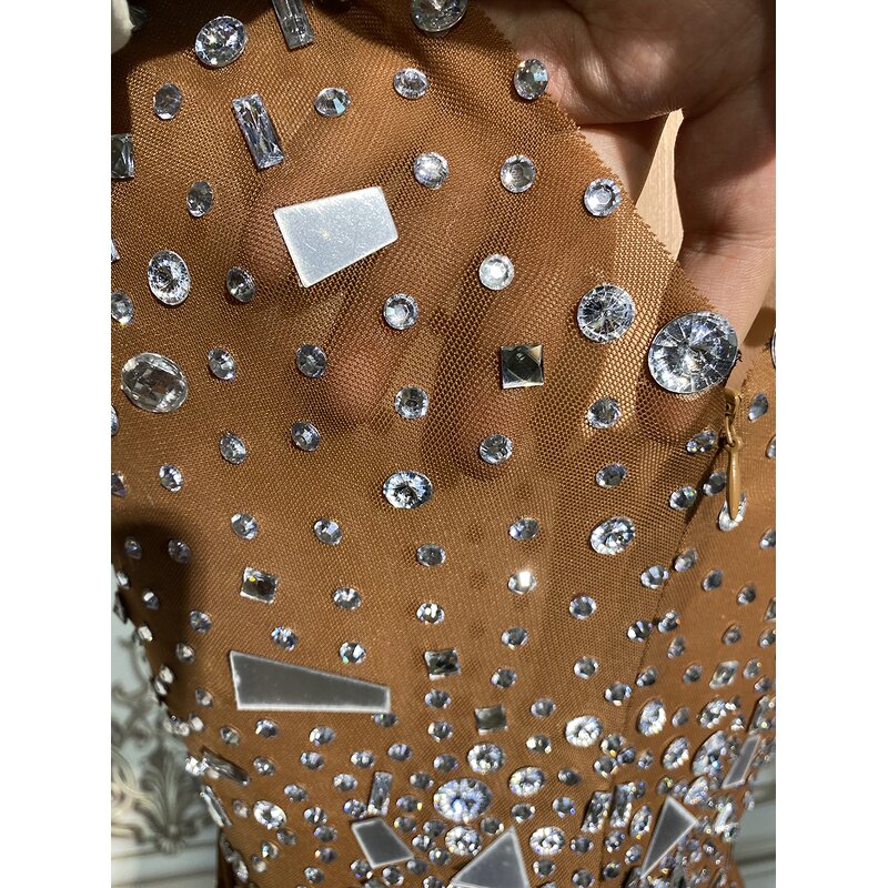 Sheer Dress Factory - OEM/ODM NOVANCE Shiny Diamonds Mirror Sequins Short Brown