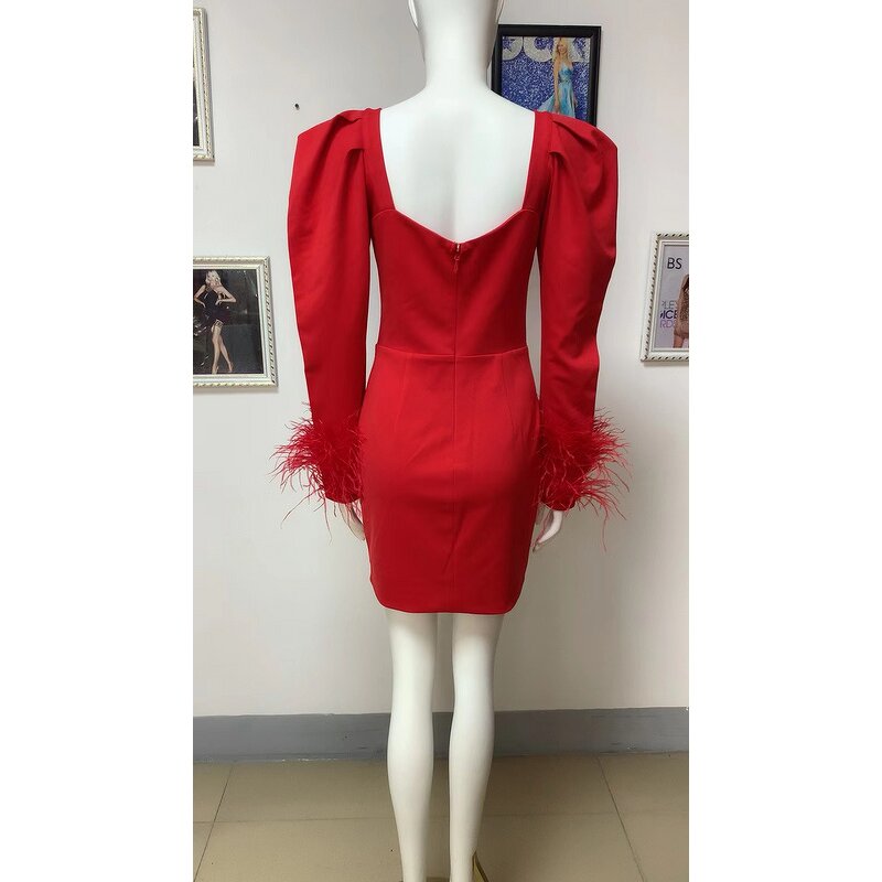 Spring Summer Fashion Manufacturer - OEM/ODM NOVANCE 2023 Shiny Diamond Tassels Puff Sleeve Red Dress