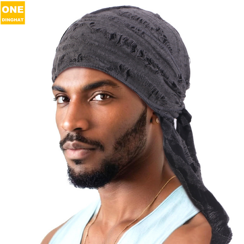 Durag Supplier - Cross-Border Vintage Ripped Silk Screen Printed Men's Tie-Up