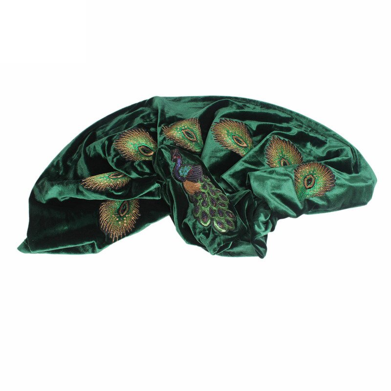 Velvet Head Scarf Supplier - Peacock Patterns Stretch Warm Turban for Women