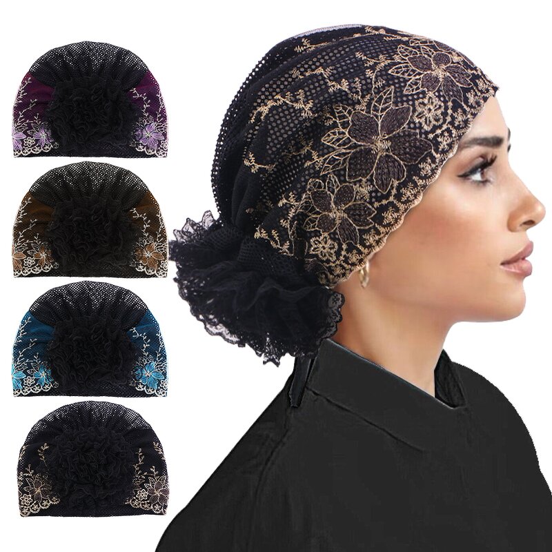 Turban Hat Manufacturer - Women Lace Flower Muslim Islamic African Pearl