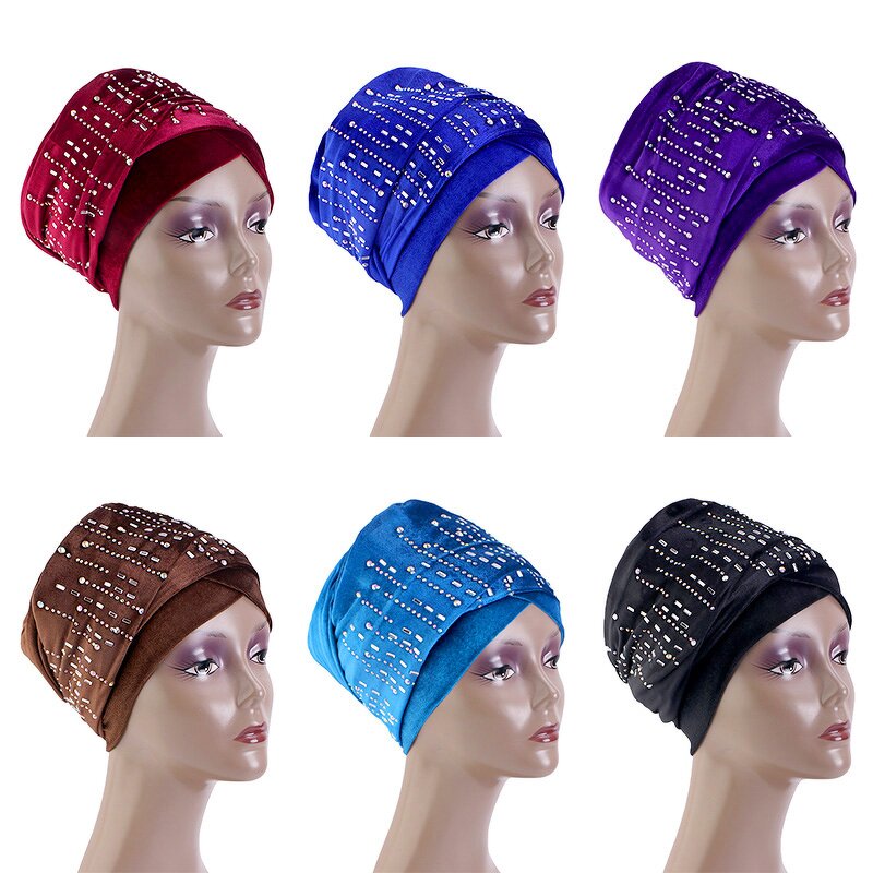 Head Scarves Factory - Rhinestone Fashion Turbans Stretch Bandana Velvet