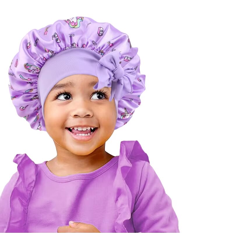 Satin Bonnets Supplier - Custom Logo Wide Band Kids Floral Sleep Cap