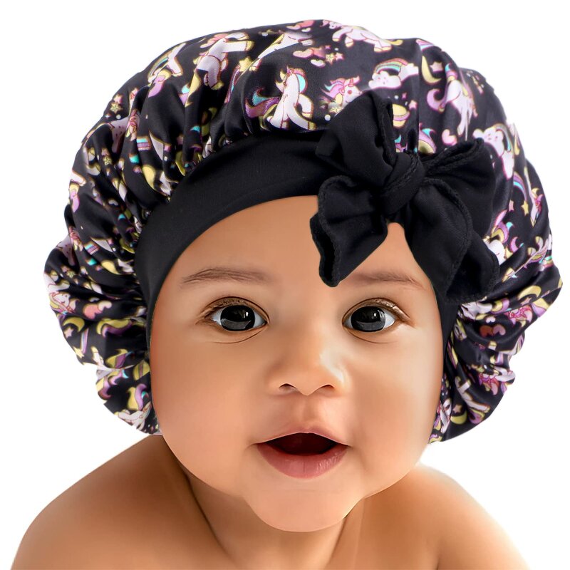 Satin Bonnets Supplier - Custom Logo Wide Band Kids Floral Sleep Cap