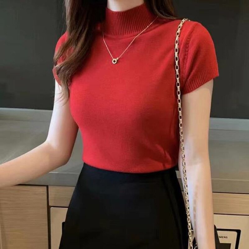 Knitted T-shirt Manufacturer - OEM/ODM Spring Winter Half High Neck Sweaters Solid Color Short Sleeve