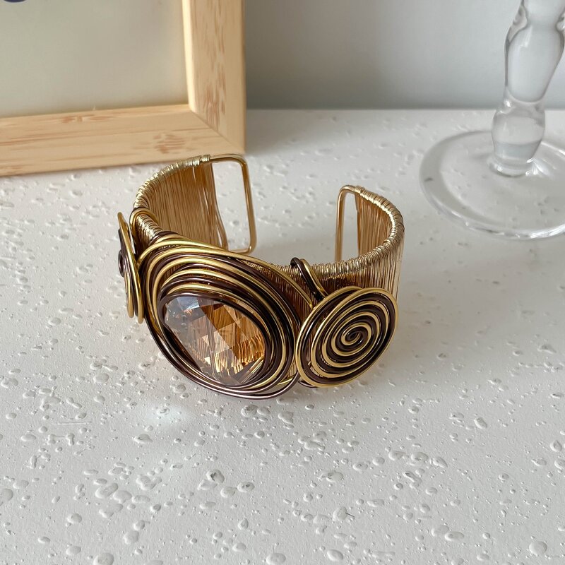 Open Bangle Factory - OEM/ODM African Luxury Large Crystal Flowers Exaggerated Spiral Round