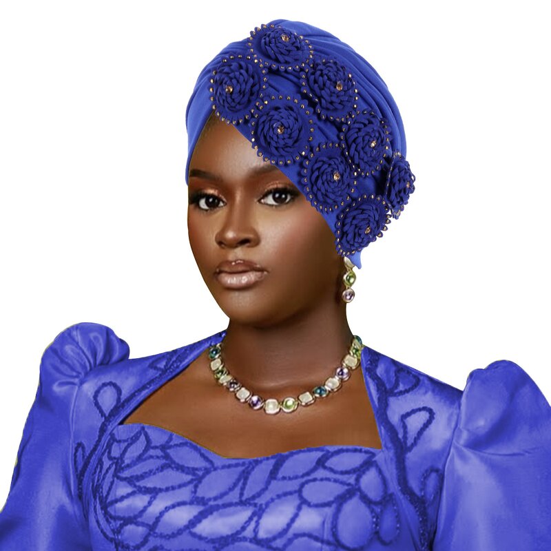 Bonnet Manufacturer - OEM/ODM Nigerian Turban Hat African Flower Designs Crystal Polyester