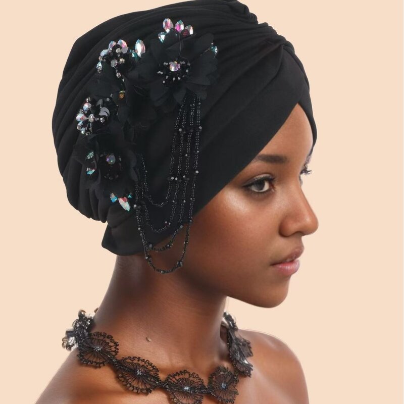 Turban Hat Factory - OEM/ODM New Nigerian Wedding Hijab African Solid Color Flower Tassel