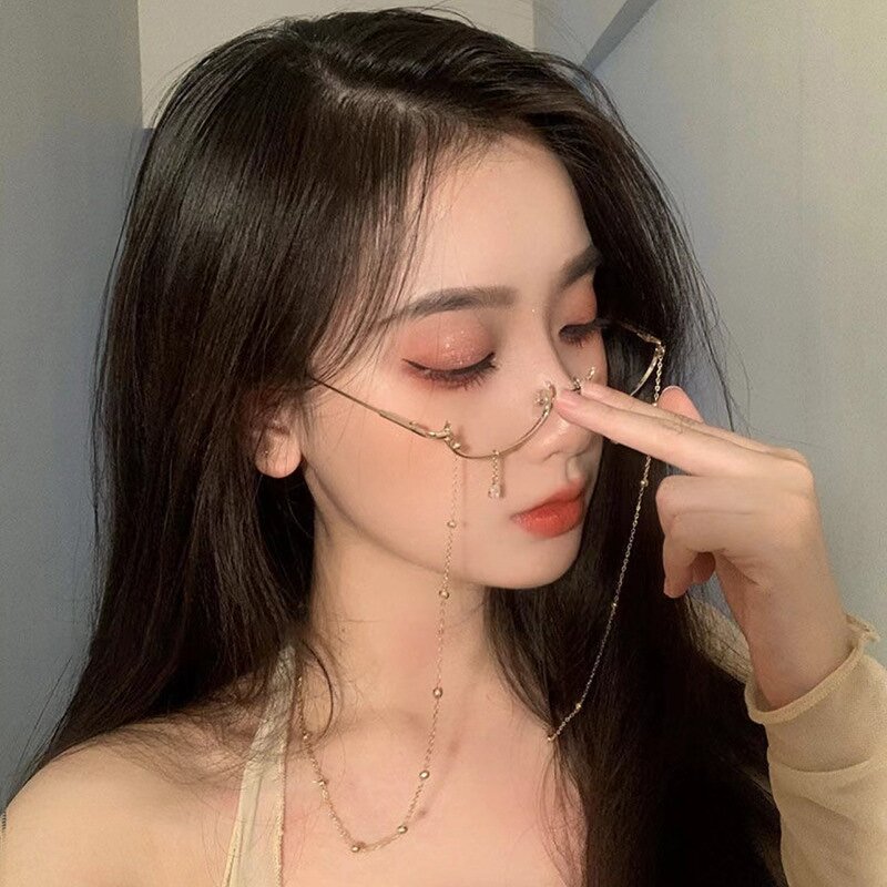 Chain Eyeglass Frame Factory - OEM/ODM Female Retro Lensless Half Frame Decorative Curved Mirror