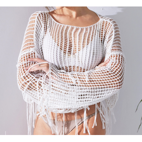 Hollowed Out Top Factory - OEM/ODM Short Knitted Tassel Long Sleeved Loose Bikini Mesh Cover