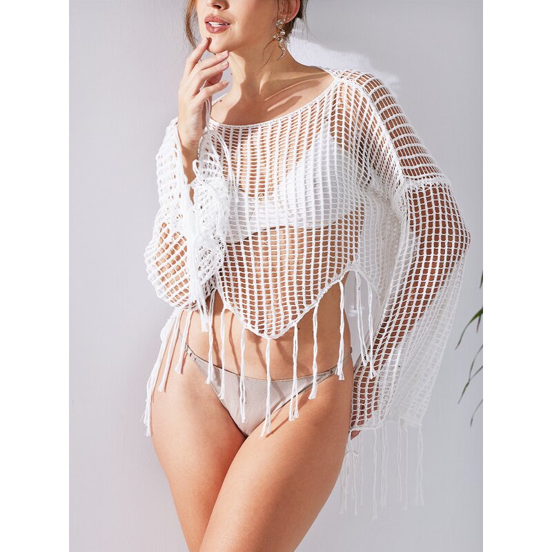 Hollowed Out Top Factory - OEM/ODM Short Knitted Tassel Long Sleeved Loose Bikini Mesh Cover