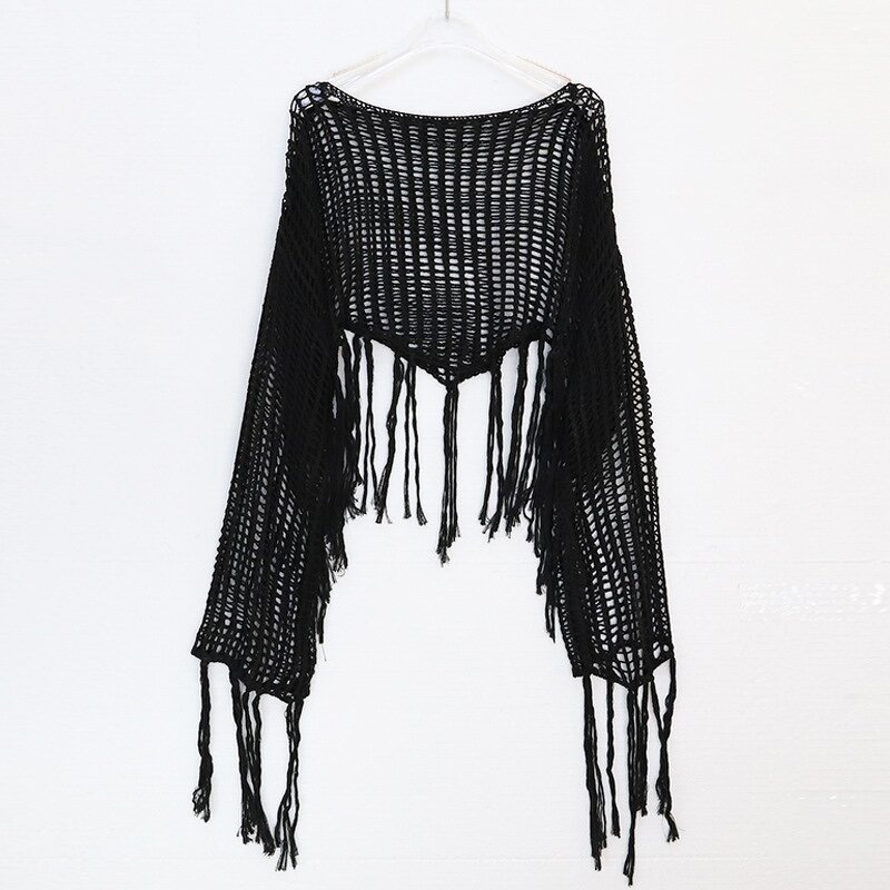 Hollowed Out Top Factory - OEM/ODM Short Knitted Tassel Long Sleeved Loose Bikini Mesh Cover