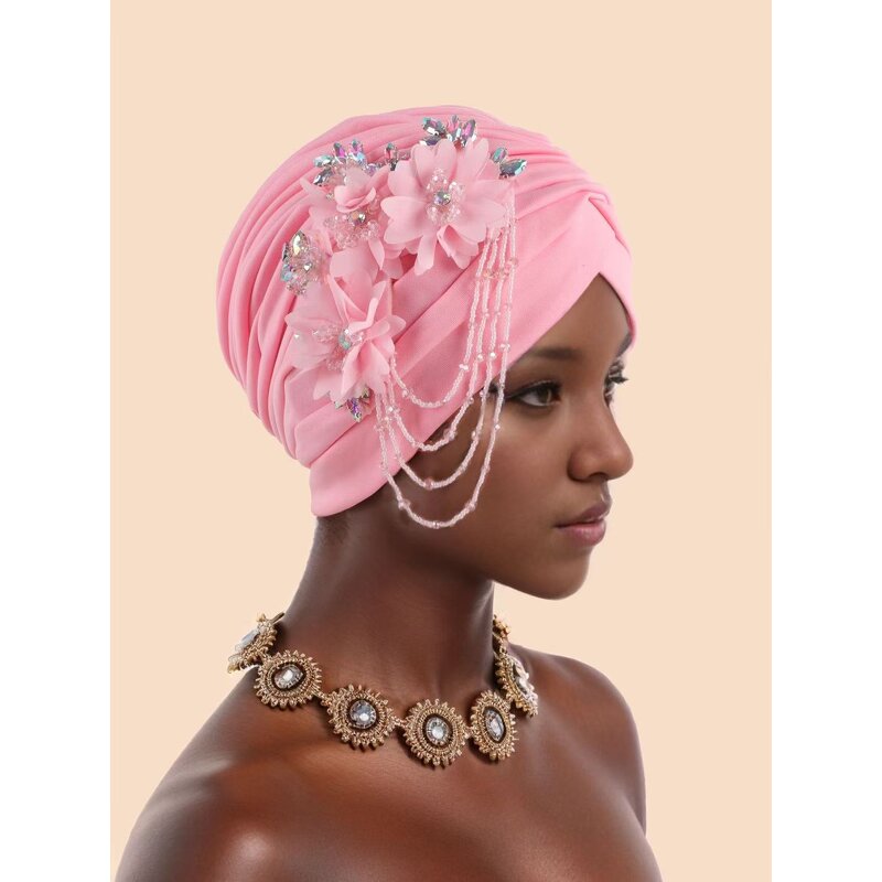 Turban Hat Factory - OEM/ODM New Nigerian Wedding Hijab African Solid Color Flower Tassel