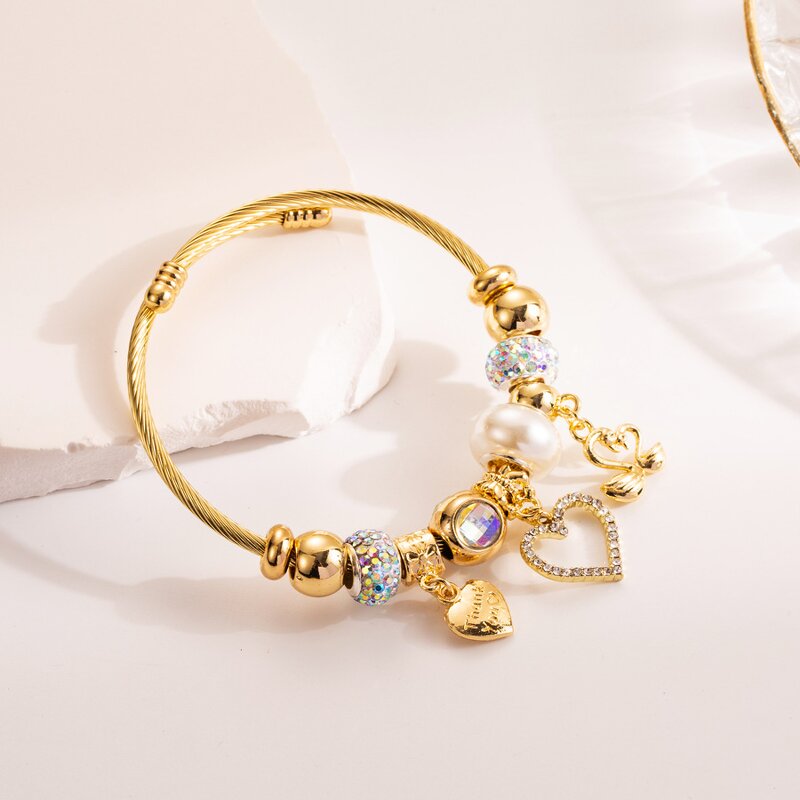 Charm Bracelet Factory - OEM/ODM 2025 Stainless Steel Gold Crystal Adjustable Cuff Bangle
