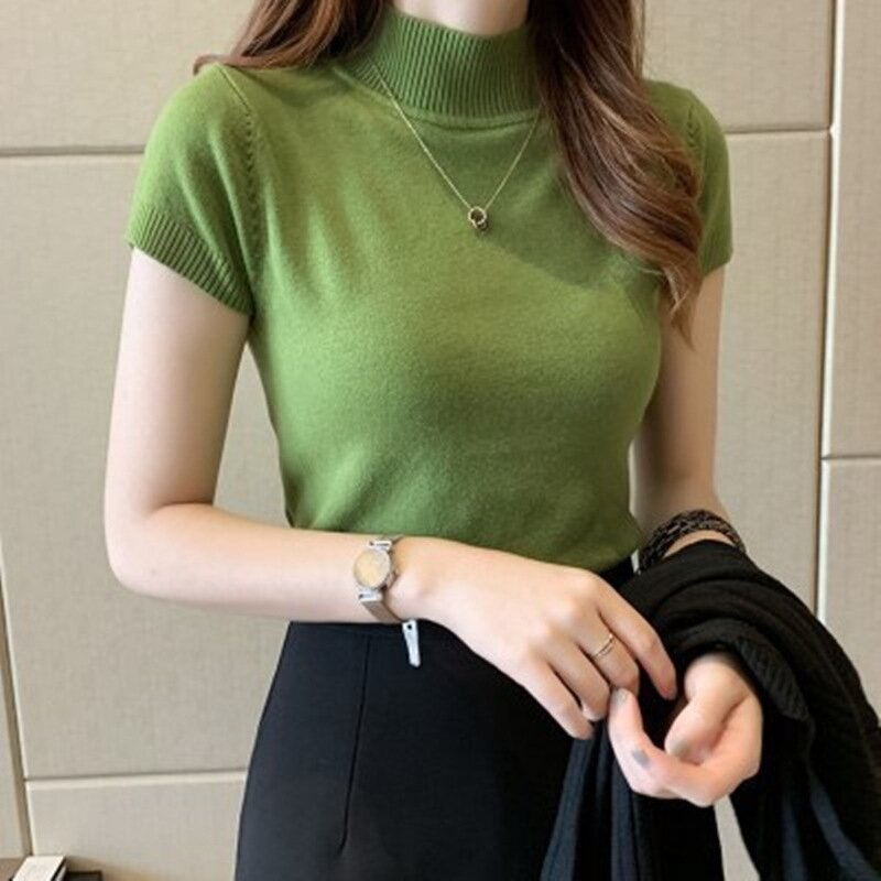 Knitted T-shirt Manufacturer - OEM/ODM Spring Winter Half High Neck Sweaters Solid Color Short Sleeve