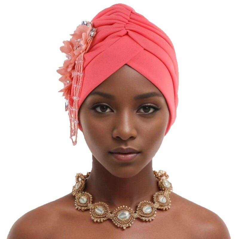 Turban Hat Factory - OEM/ODM New Nigerian Wedding Hijab African Solid Color Flower Tassel