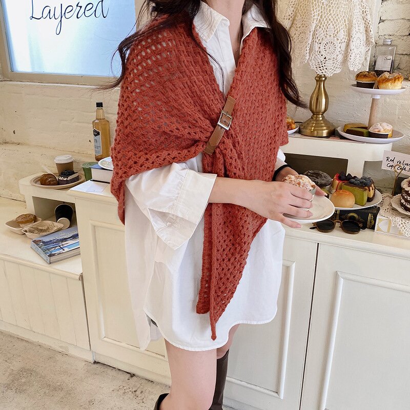 Triangular Shawl Manufacturer - OEM/ODM New Korean Hollow Large Cape Solid Color Warm