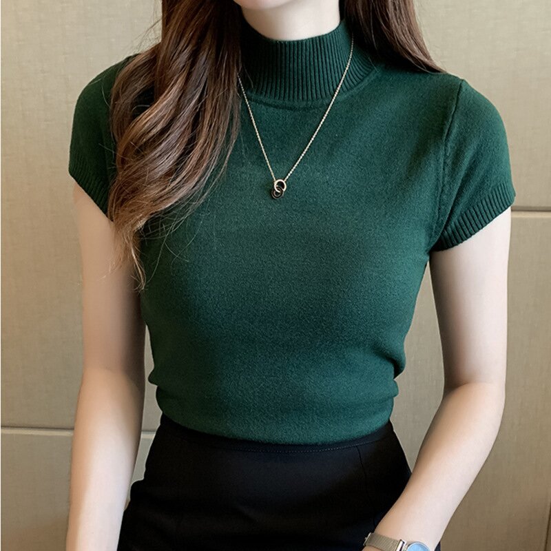 Knitted T-shirt Manufacturer - OEM/ODM Spring Winter Half High Neck Sweaters Solid Color Short Sleeve