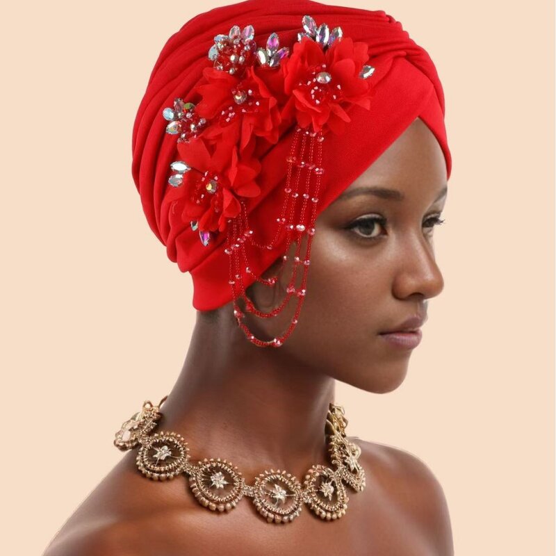 Turban Hat Factory - OEM/ODM New Nigerian Wedding Hijab African Solid Color Flower Tassel
