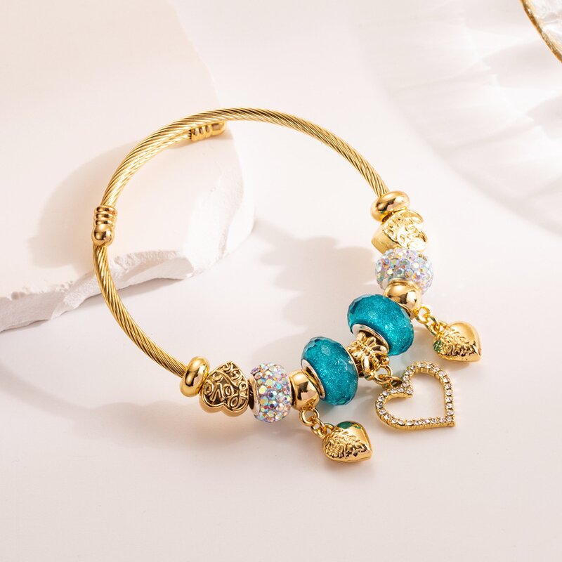 Charm Bracelet Factory - OEM/ODM 2025 Stainless Steel Gold Crystal Adjustable Cuff Bangle