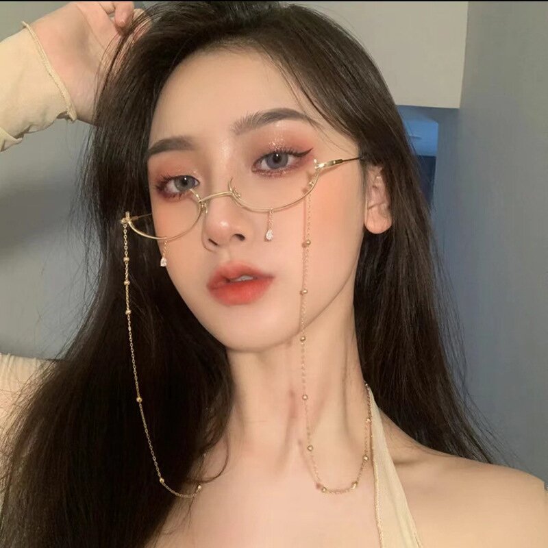 Chain Eyeglass Frame Factory - OEM/ODM Female Retro Lensless Half Frame Decorative Curved Mirror