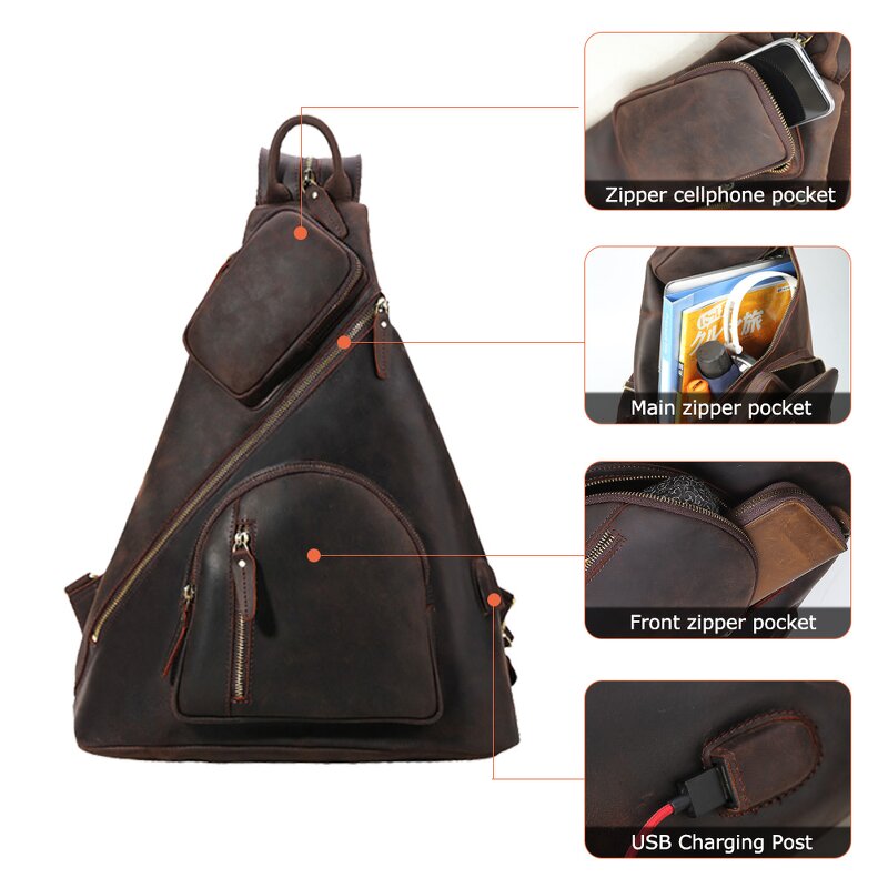 Leather Sling Chest BackPack Supplier - Tiding Factory Direct Sale Mens Crazy Horse