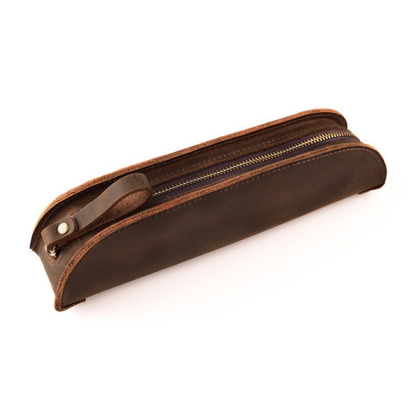 Leather Pen Pouch Supplier - TIDING Custom Logo Luxury Vintage Crazy Horse Zipper