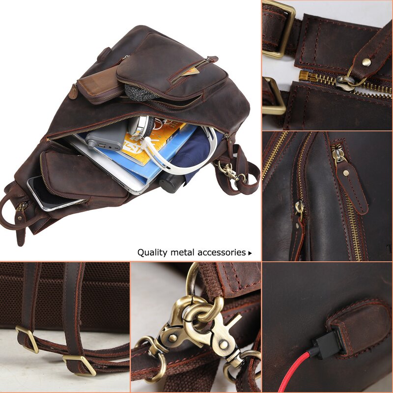 Leather Sling Chest BackPack Supplier - Tiding Factory Direct Sale Mens Crazy Horse