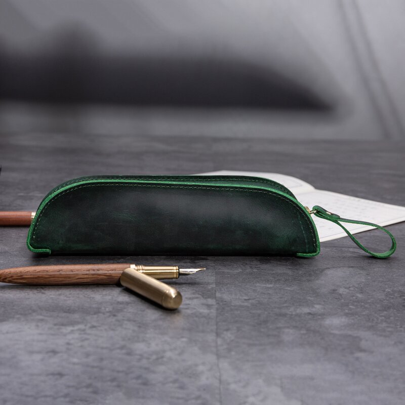 Leather Pen Pouch Supplier - TIDING Custom Logo Luxury Vintage Crazy Horse Zipper