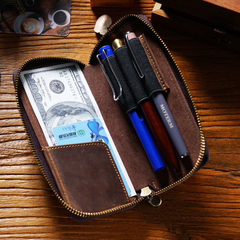 Leather Pencil Case Supplier - Colorful Crazy Horse School Zipper Full Grain
