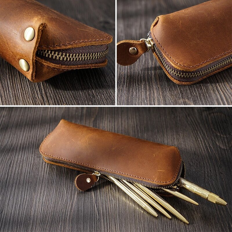 Leather Pen Case Manufacturer - Crazy Horse Pen Holder Pouch Carving Genuine