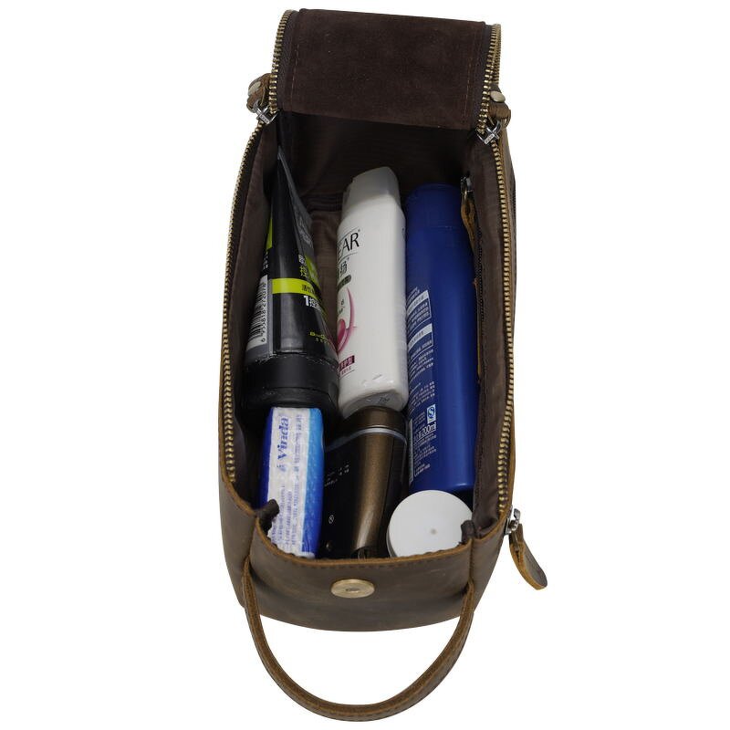 Leather Dopp Bag Manufacturer - New Arrival Double Zip Crazy Horse Bathroom
