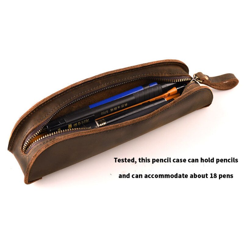 Leather Pen Pouch Supplier - TIDING Custom Logo Luxury Vintage Crazy Horse Zipper