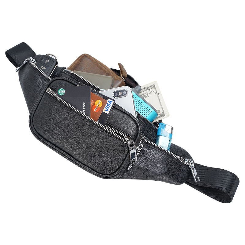 Leather Waist Bag Supplier - TIDING Black Full Grain Cowhide Bum Belt Bag Genuine