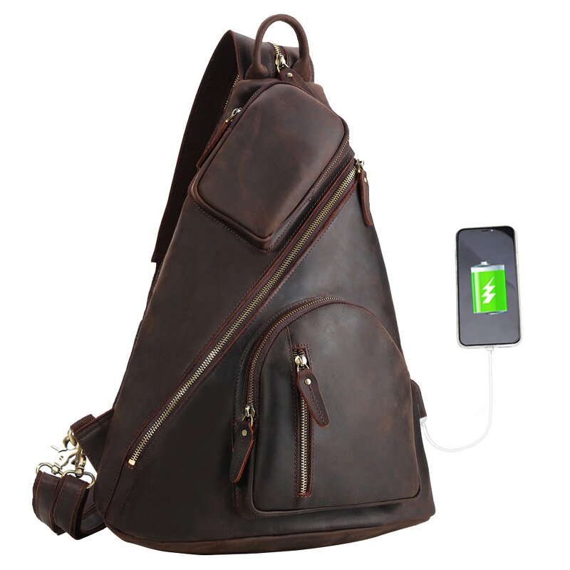 Leather Sling Chest BackPack Supplier - Tiding Factory Direct Sale Mens Crazy Horse