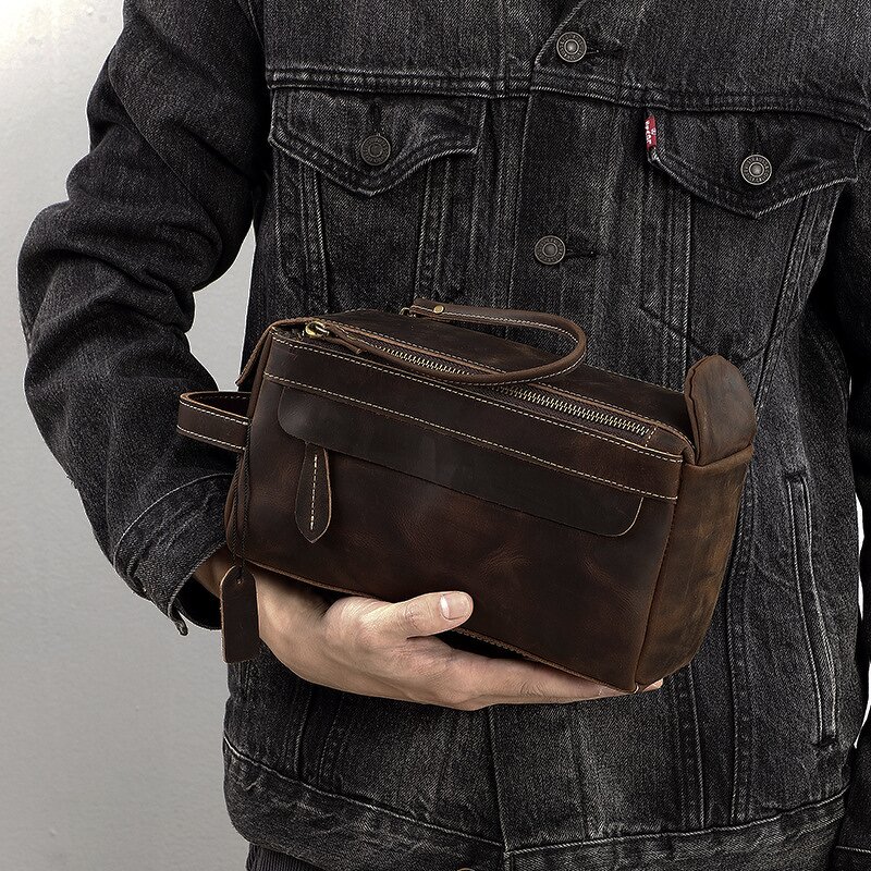 Leather Cosmetic Bag Supplier - Genuine Travel Toiletry Large Capacity Makeup