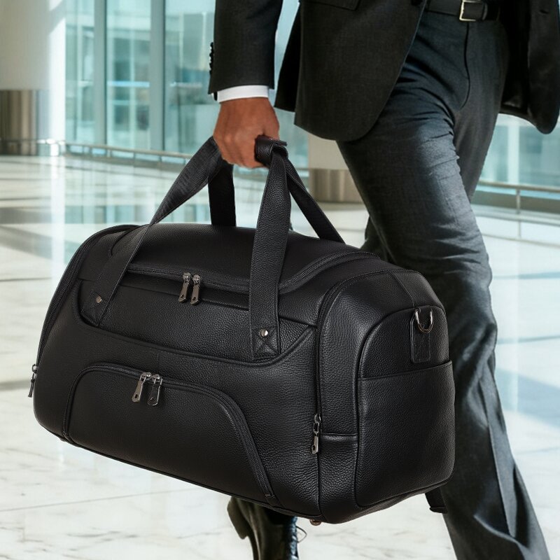 Leather Weekender Bag Manufacturer - Black Cow Full Grain Calf With Shoe Compartment