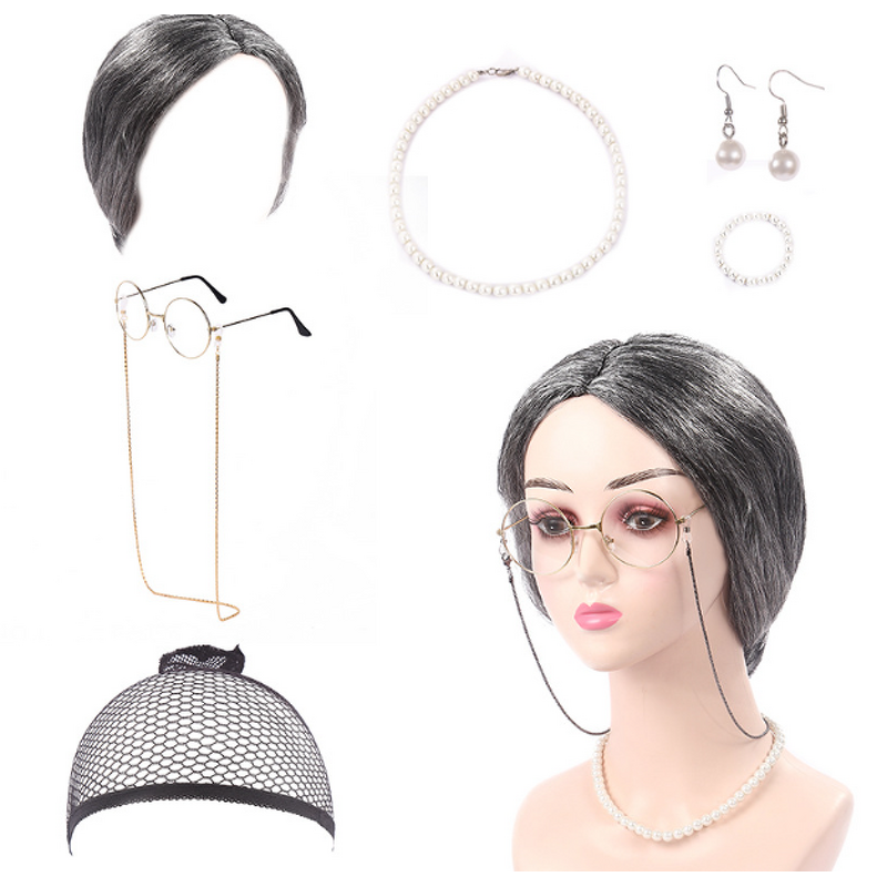 Cosplay Set Factory - OEM Old Lady Granny Wig Cap Glasses Jewelry